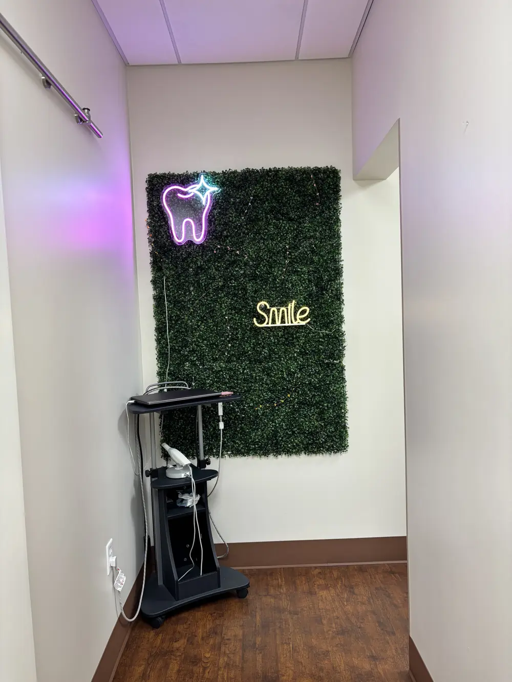 The Smile greenery wall with a neon tooth sign at Valley Dental Turlock